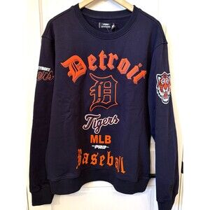 MLB Detroit Tigers Men's Sweatshirt L Crewneck Navy Blue Patches Old English